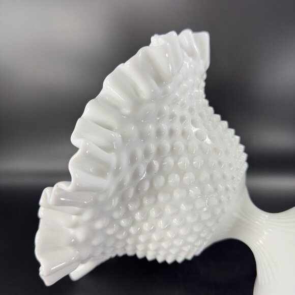 Fenton White Hobnail Footed Compote Ruffled Rim Edges Pedestal Bowl Dish Vintage - Picture 8 of 16